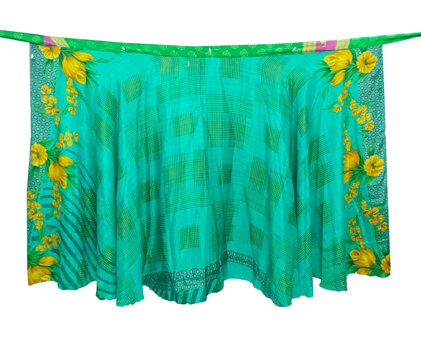 Sushila Vintage Art Silk Saree Magic Wrap Reversible Skirt Floral Green Beach Dress