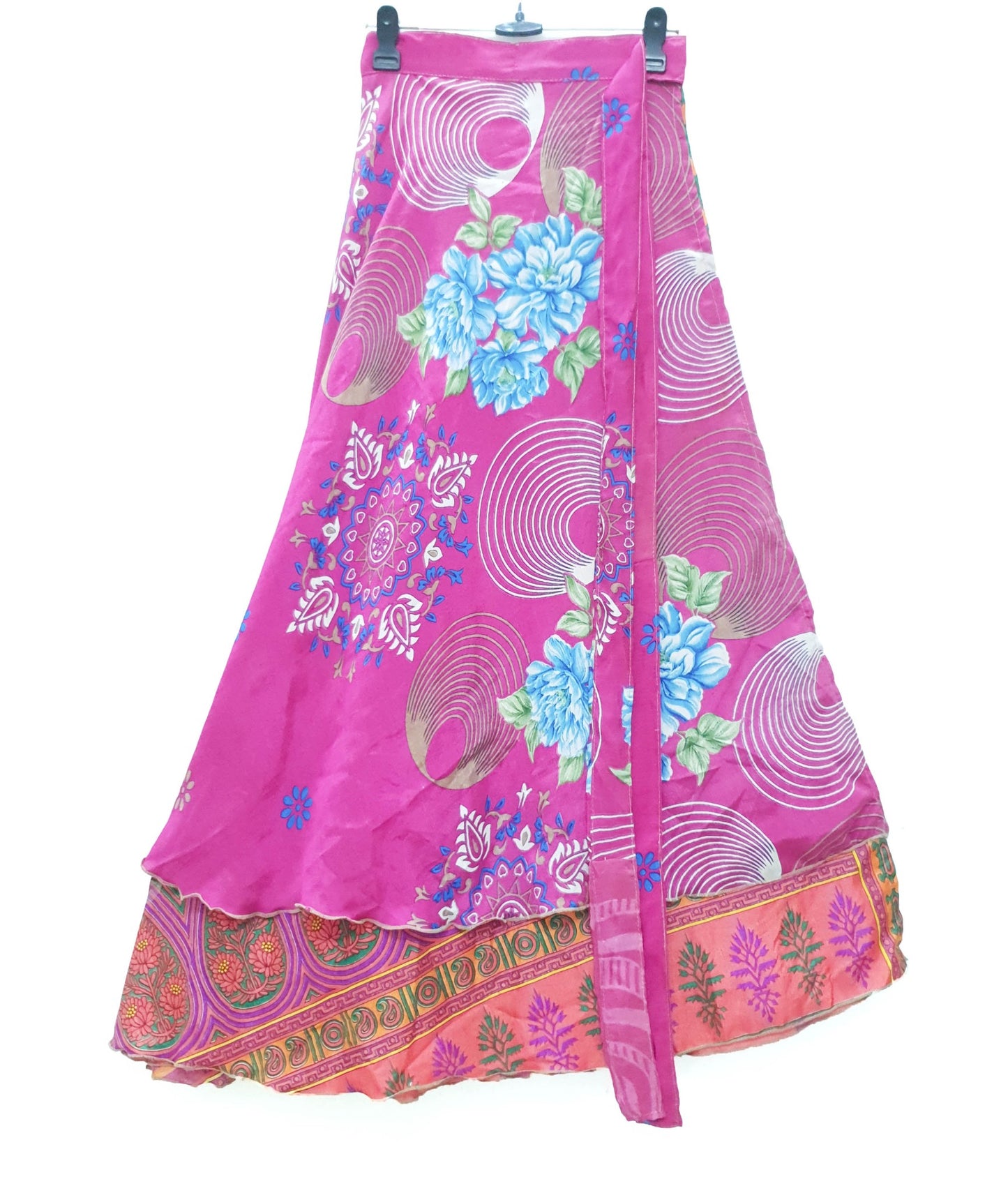 Sushila Vintage Art Silk Saree Magic Wrap Floral Reversible Skirt Beach Dress Hippie