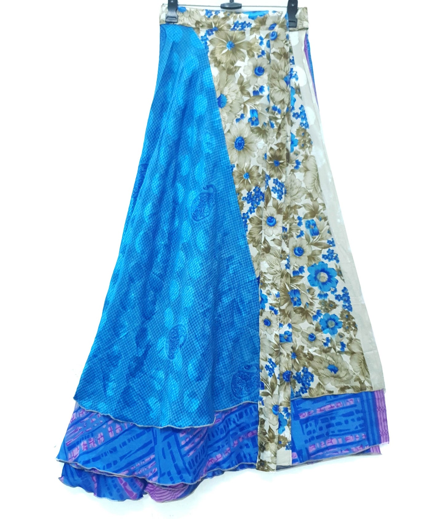 Sushila Vintage Blue Art Silk Saree Magic Wrap Reversible Skirt 2 Layer Beach Dress