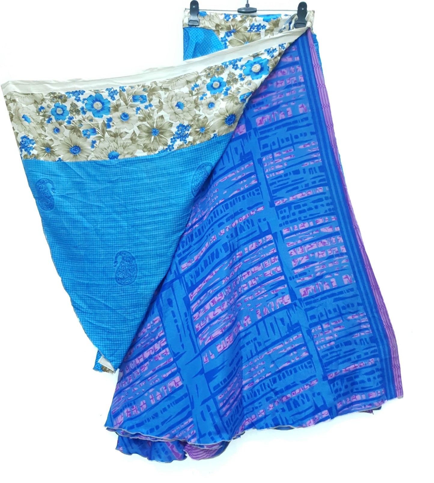 Sushila Vintage Blue Art Silk Saree Magic Wrap Reversible Skirt 2 Layer Beach Dress