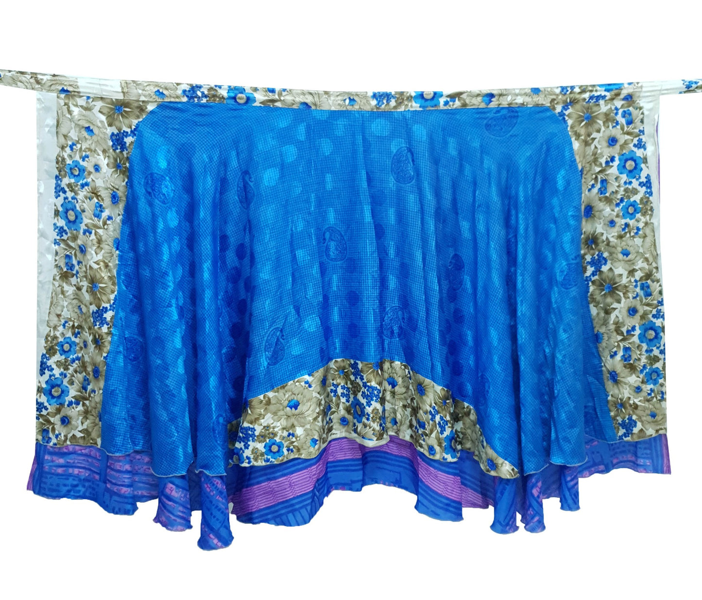 Sushila Vintage Blue Art Silk Saree Magic Wrap Reversible Skirt 2 Layer Beach Dress