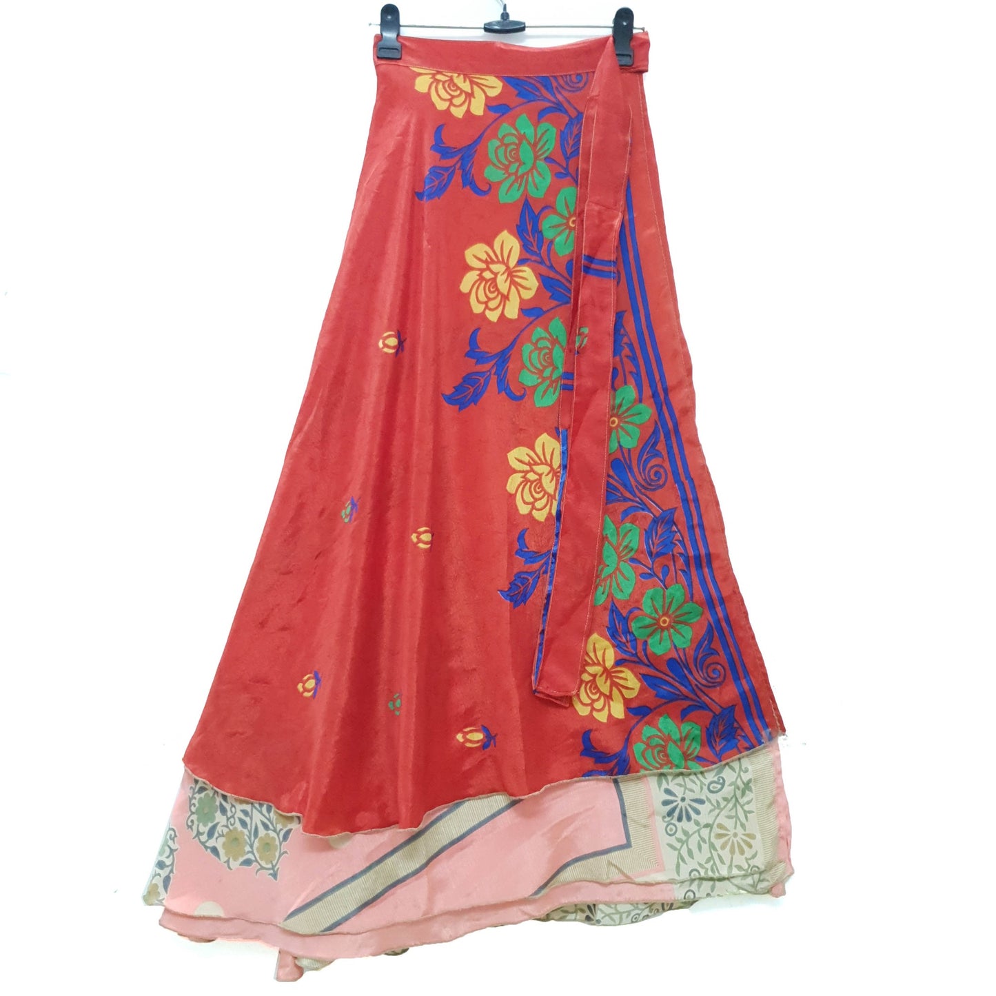 Sushila Vintage Art Silk Saree Magic Wrap Reversible Skirt Floral Red Beach Dress