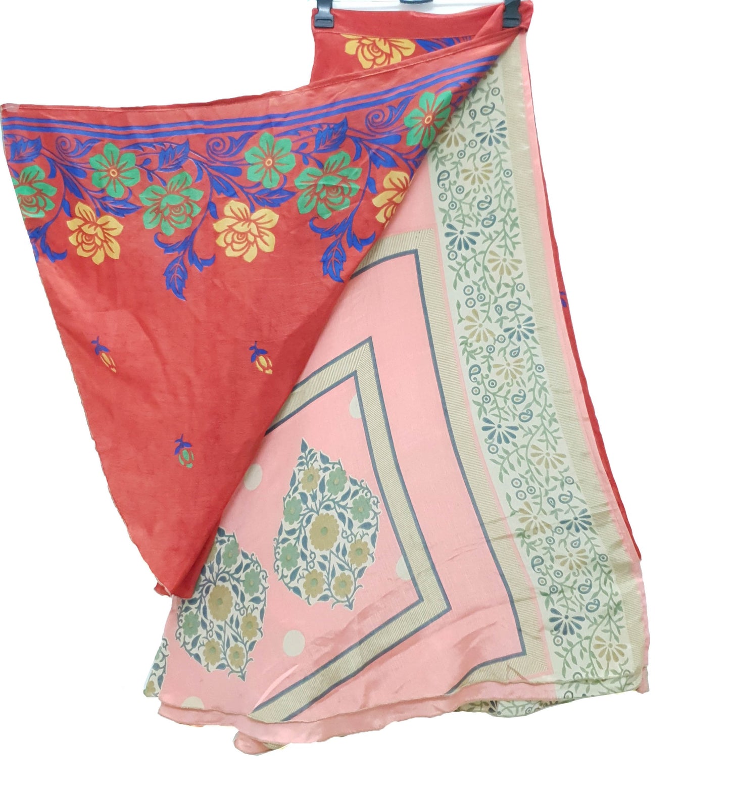 Sushila Vintage Art Silk Saree Magic Wrap Reversible Skirt Floral Red Beach Dress