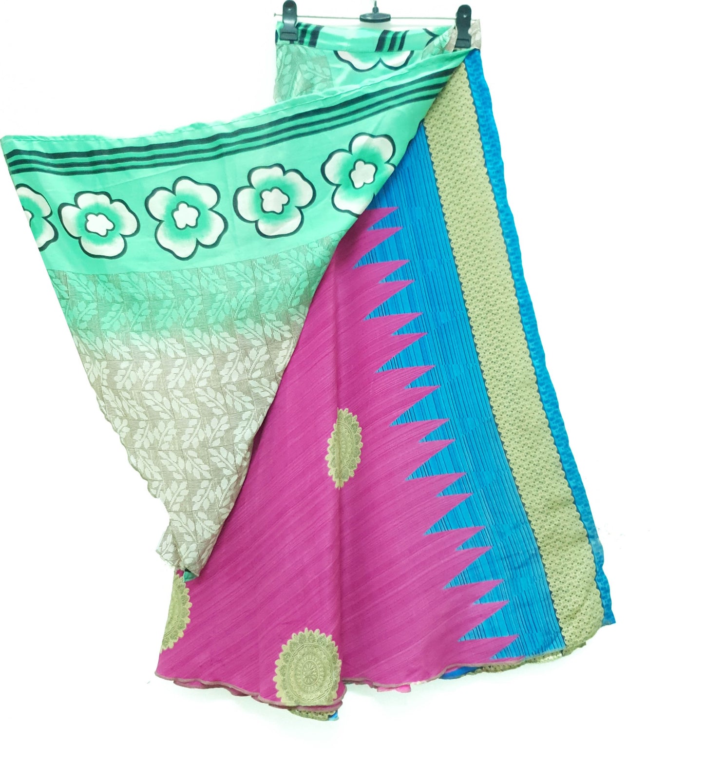 Sushila Vintage Art Silk Saree Magic Wrap Floral Pink Reversible Skirt Beach Dress