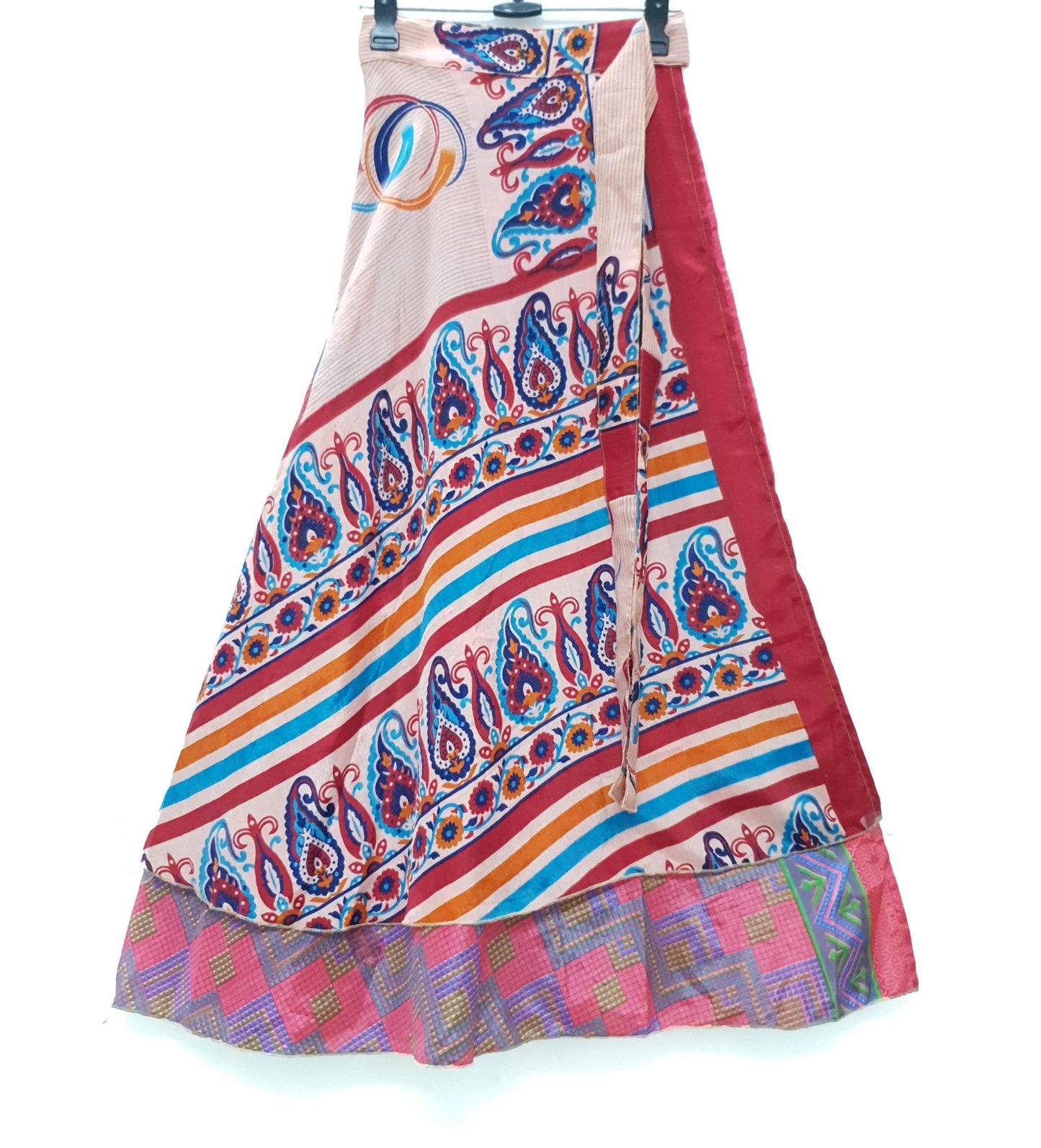 Sushila Vintage Paisley Art Silk Saree Magic Wrap Reversible Skirt Beach Dress Boho