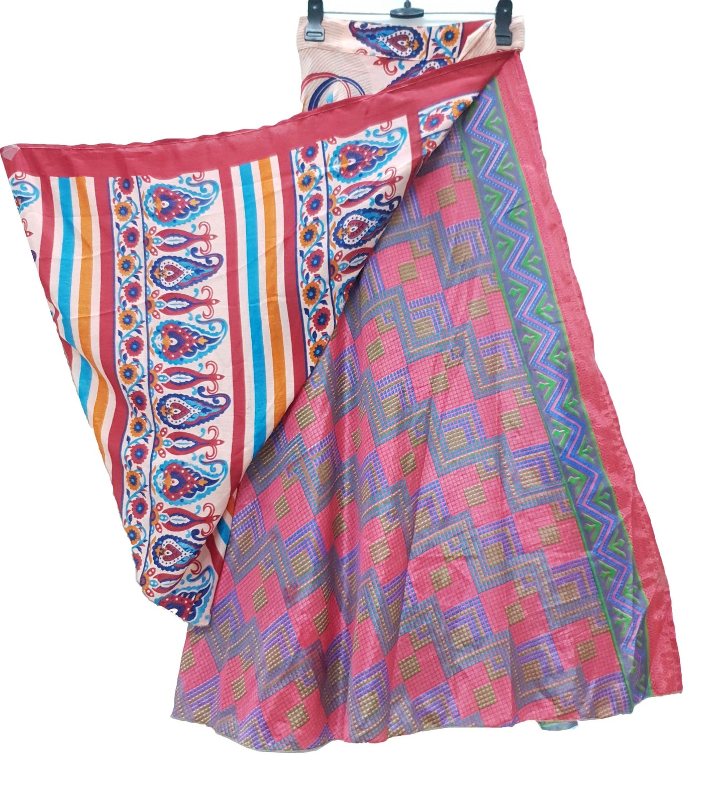Sushila Vintage Paisley Art Silk Saree Magic Wrap Reversible Skirt Beach Dress Boho
