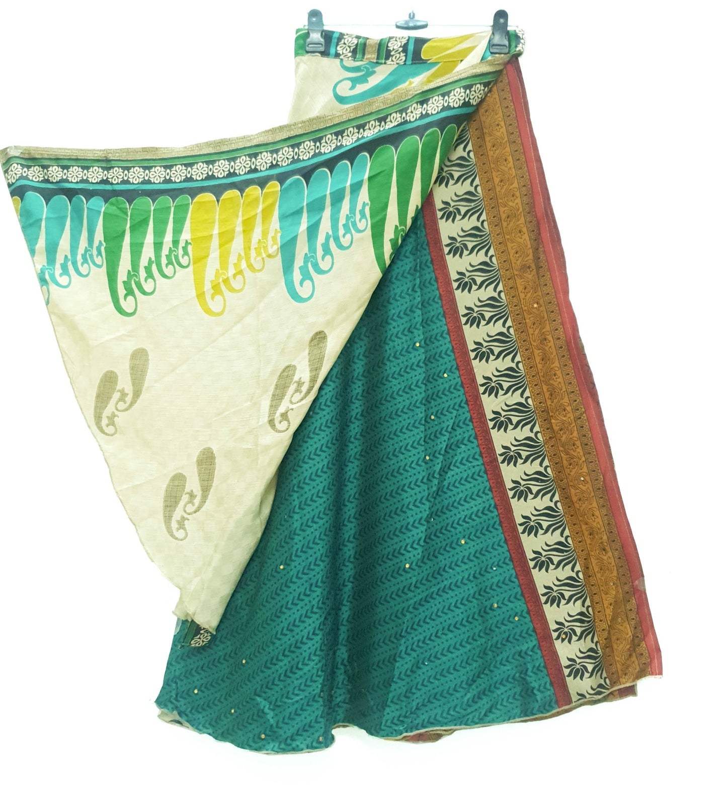 Sushila Vintage Teal Green Saree Magic Wrap Reversible Skirt Art Silk Beach Dress