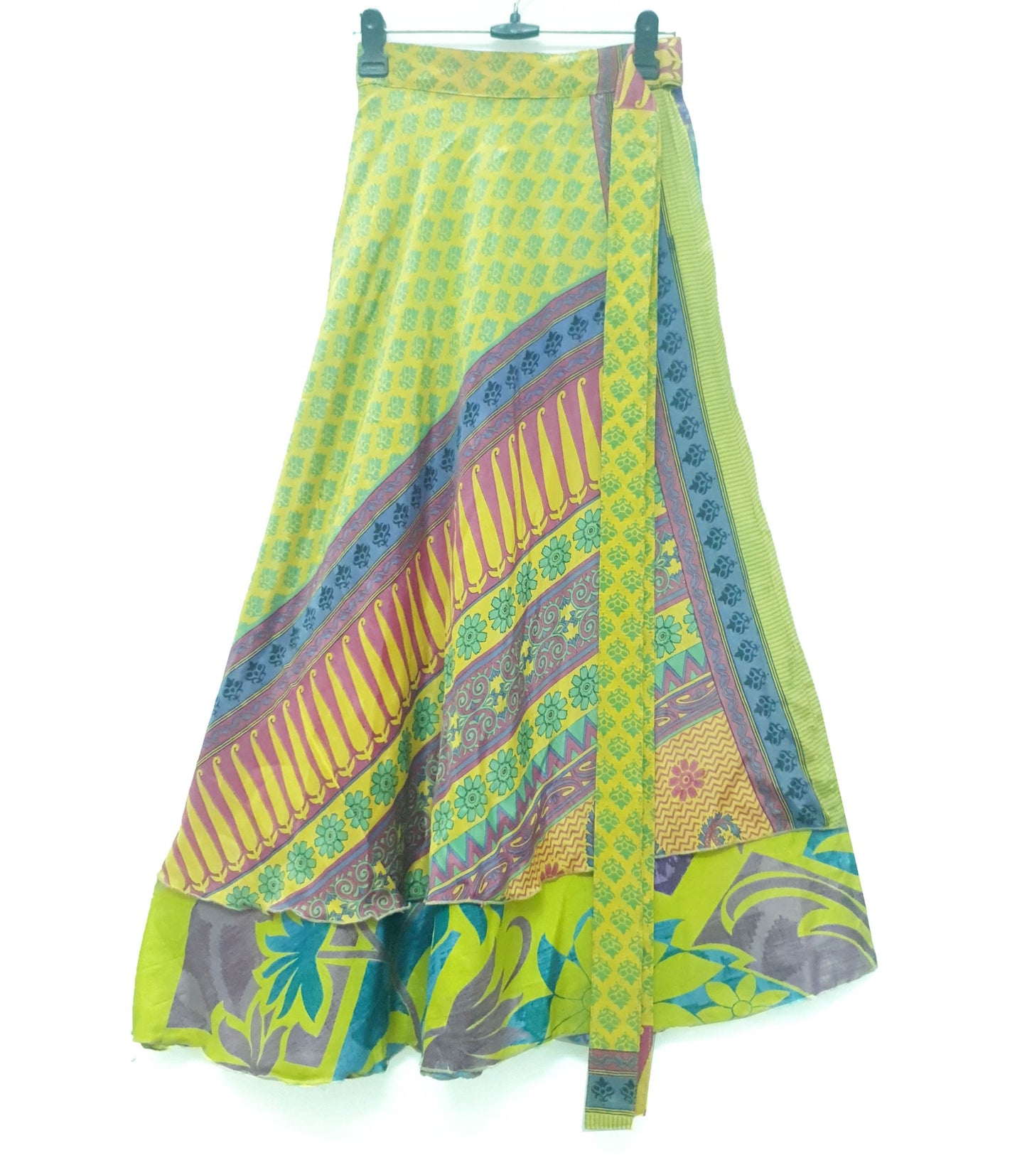 Sushila Vintage Floral Green Saree Magic Wrap Reversible Skirt Art Silk Beach Dress