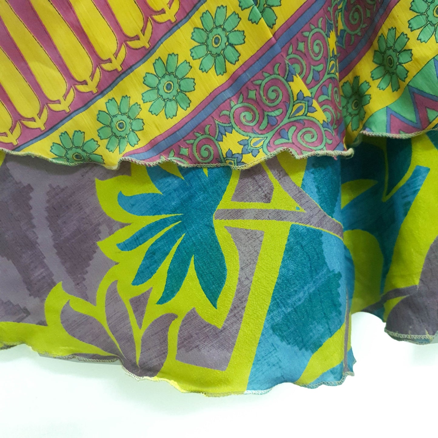 Sushila Vintage Floral Green Saree Magic Wrap Reversible Skirt Art Silk Beach Dress