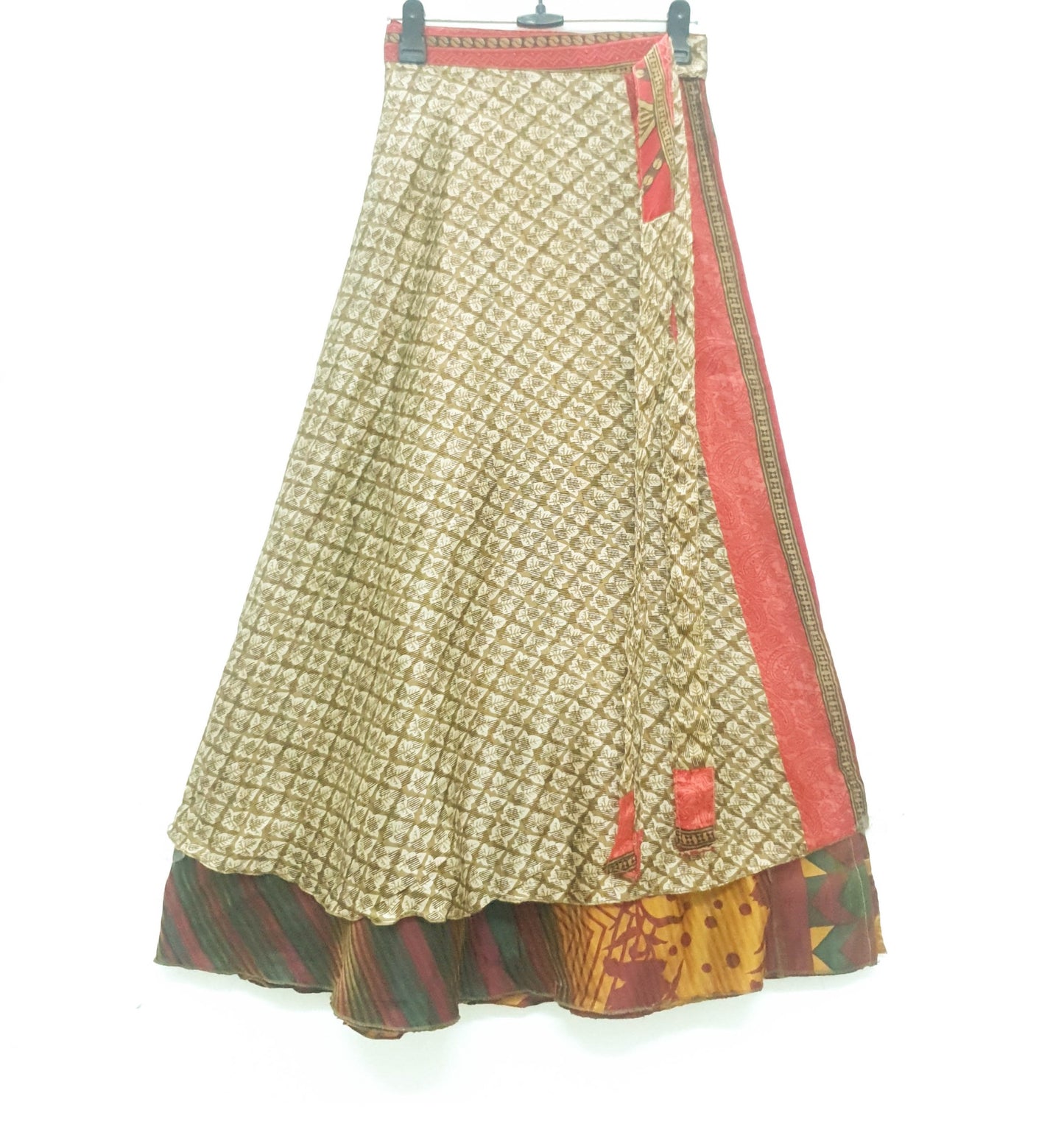 Sushila Vintage 2 Layer Saree Magic Wrap Reversible Skirt Art Silk Beach Dress Boho