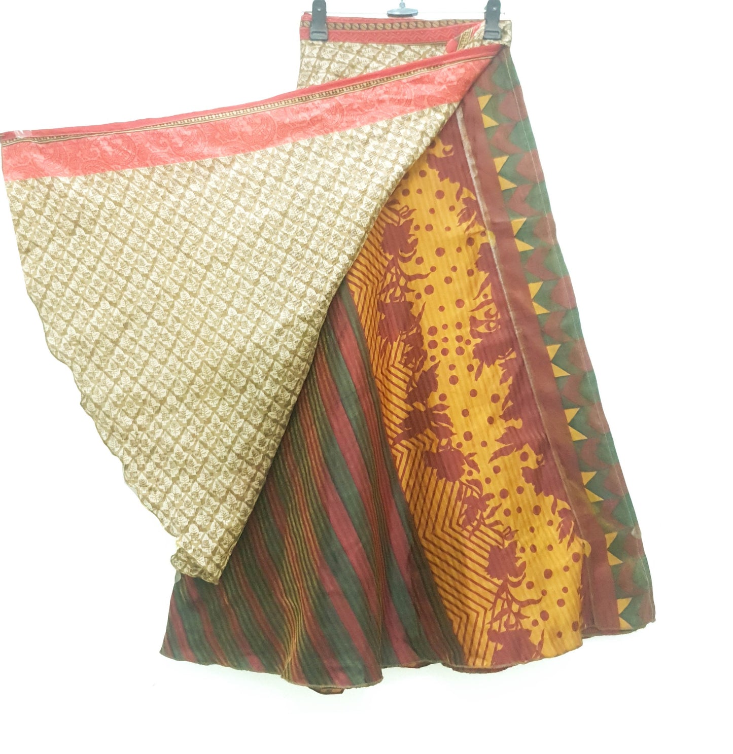 Sushila Vintage 2 Layer Saree Magic Wrap Reversible Skirt Art Silk Beach Dress Boho
