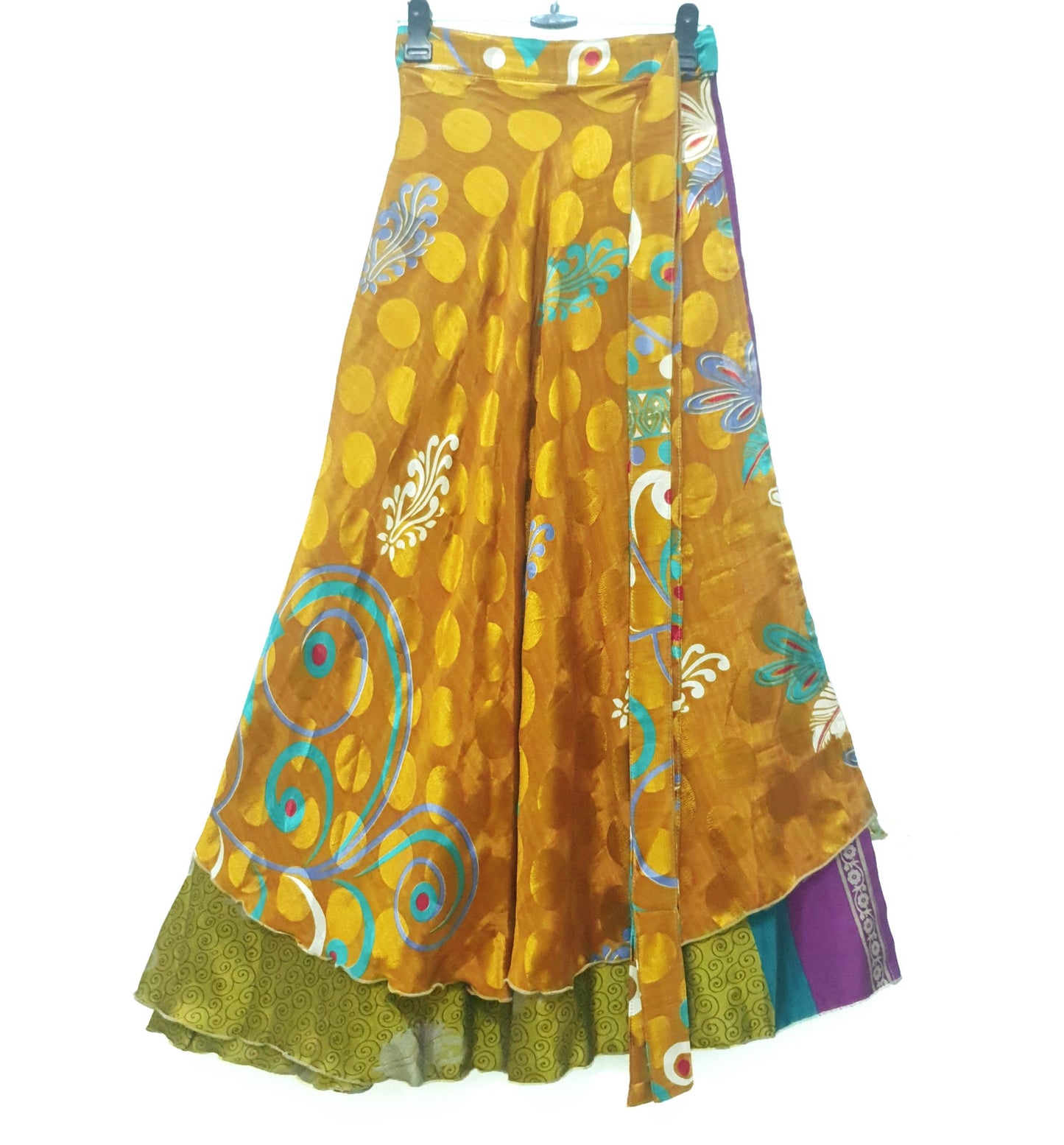 Sushila Vintage Mustard Saree Magic Wrap Reversible Skirt Beach Dress Art Silk Boho