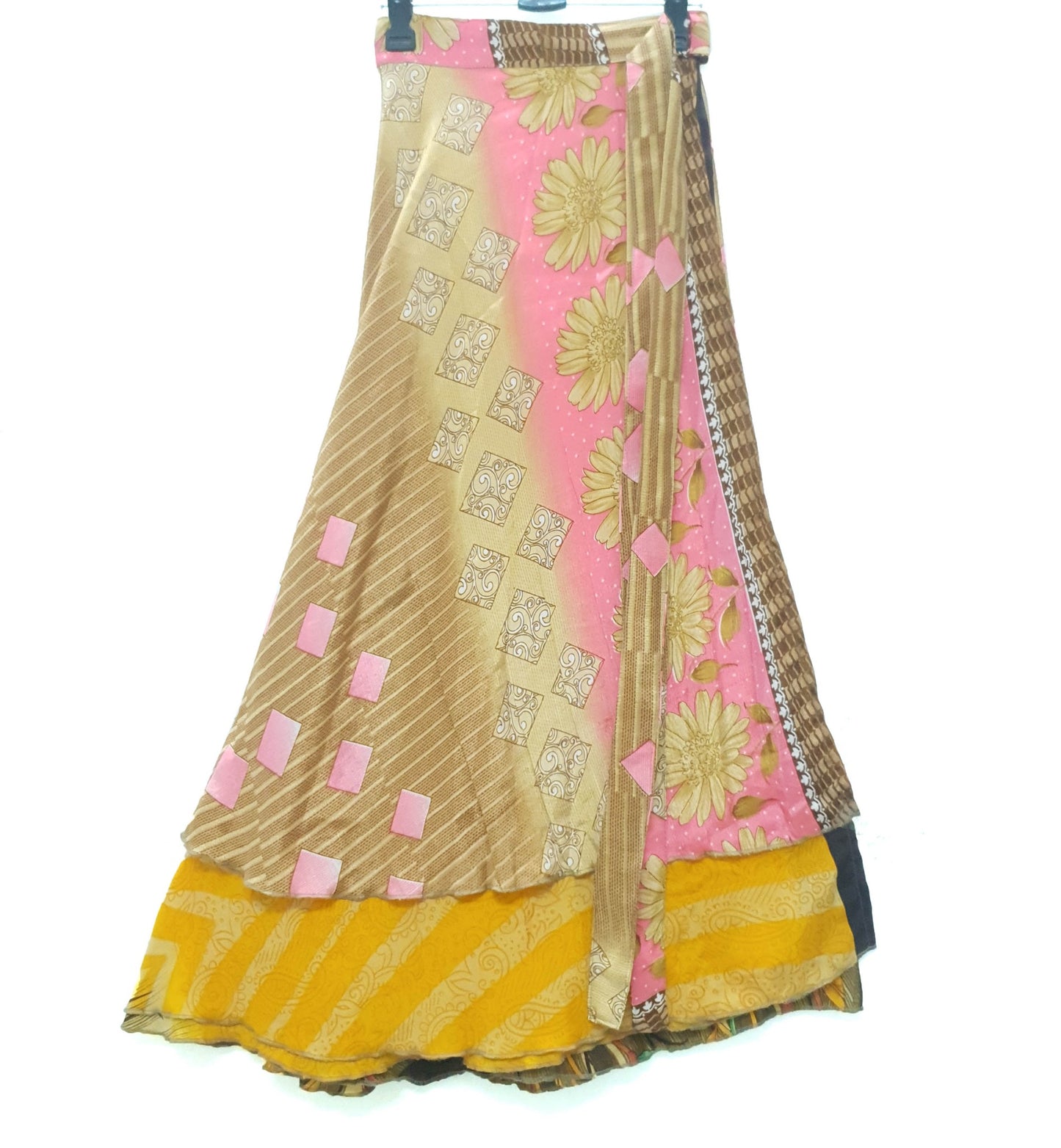 Sushila Vtg Floral Yellow Saree Magic Wrap Reversible Art Silk Skirt Beach Dress
