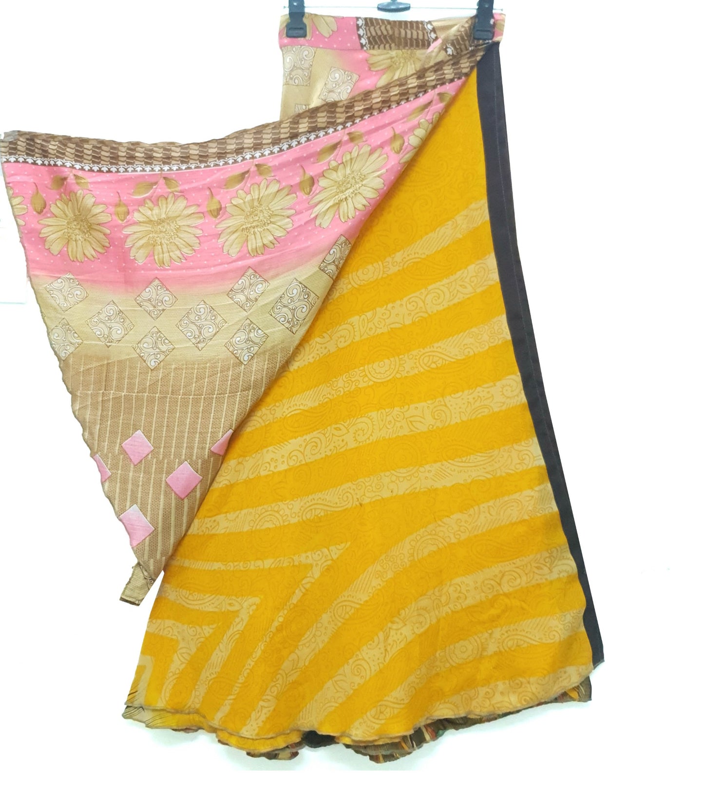 Sushila Vtg Floral Yellow Saree Magic Wrap Reversible Art Silk Skirt Beach Dress