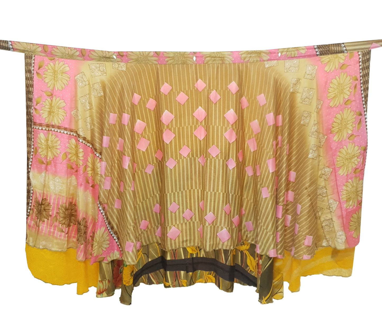 Sushila Vtg Floral Yellow Saree Magic Wrap Reversible Art Silk Skirt Beach Dress