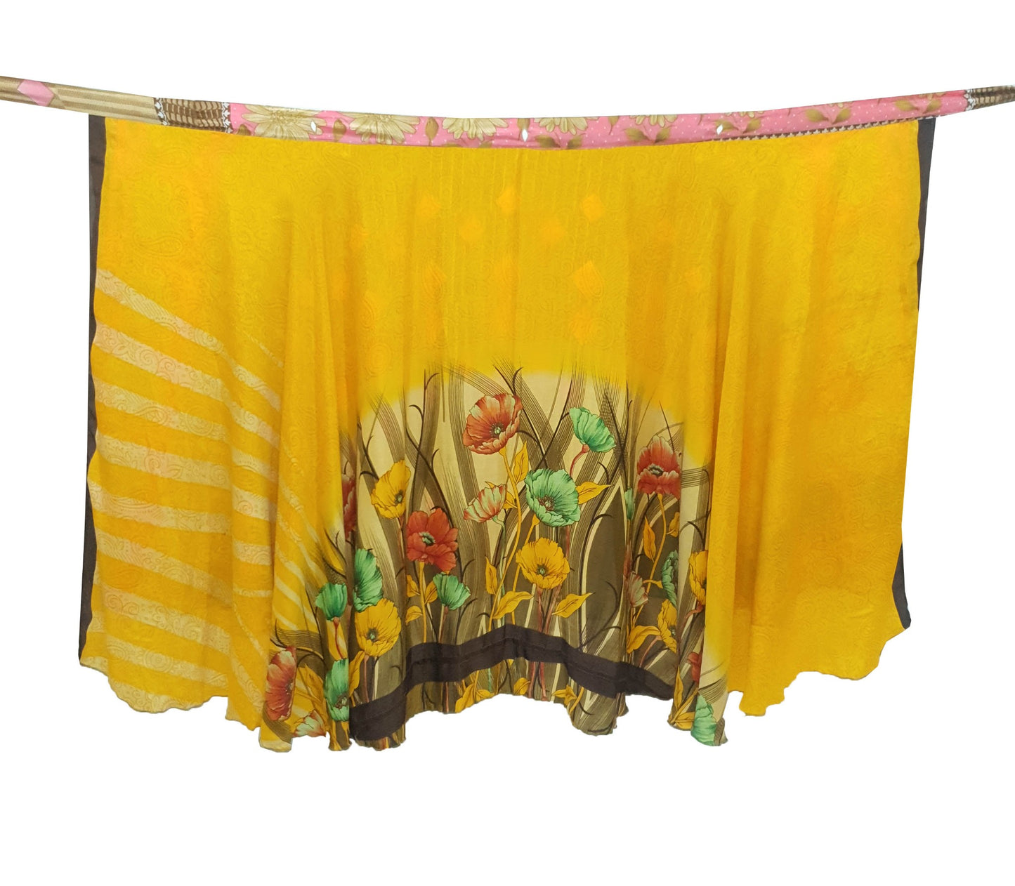 Sushila Vtg Floral Yellow Saree Magic Wrap Reversible Art Silk Skirt Beach Dress