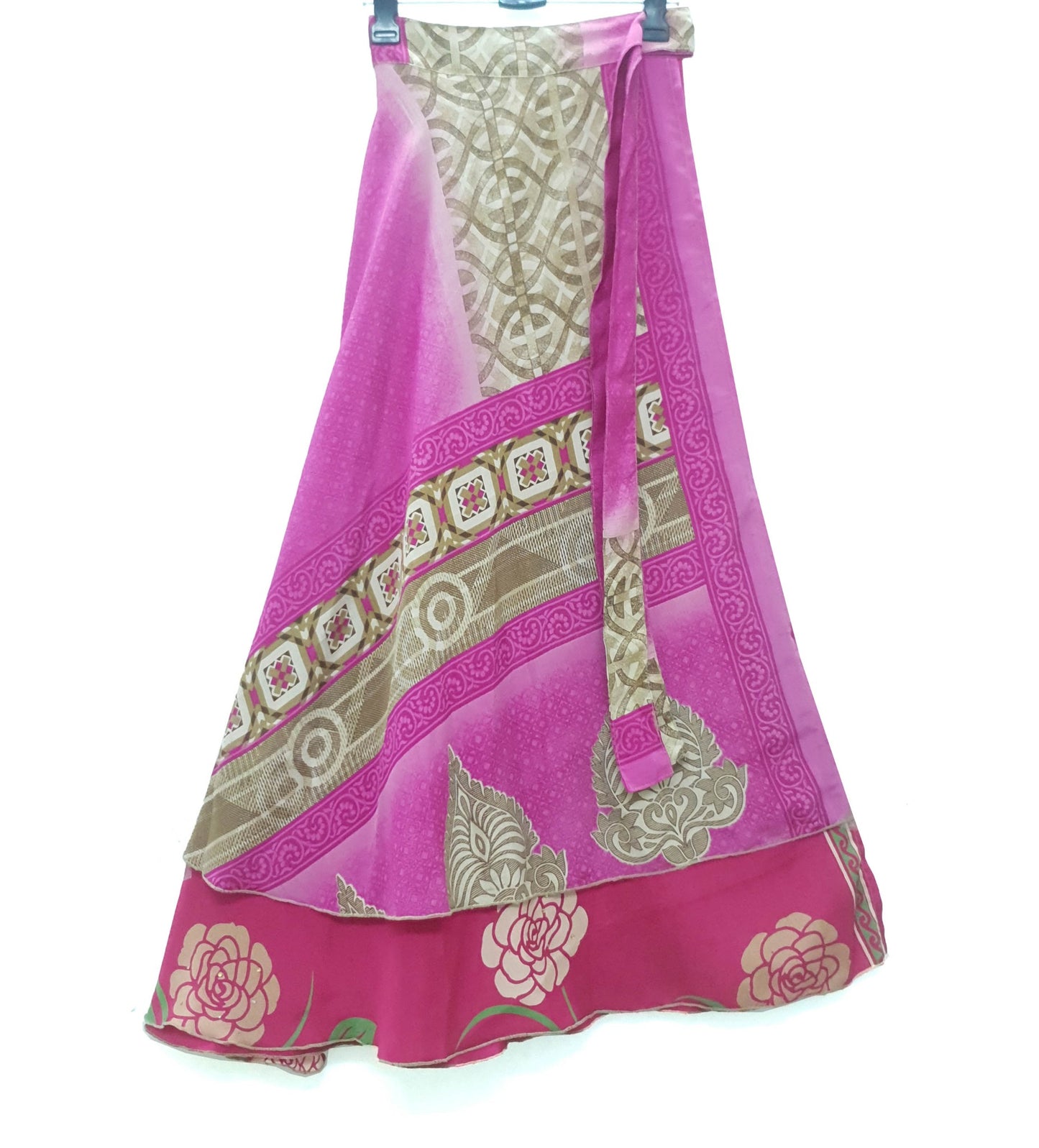 Sushila Vintage Pink Saree Magic Wrap Reversible Skirt Art Silk 2 Layer Beach Dress