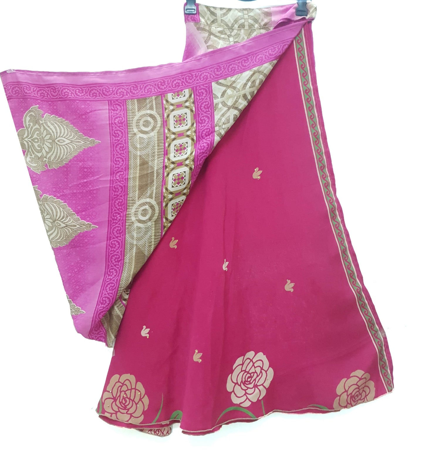 Sushila Vintage Pink Saree Magic Wrap Reversible Skirt Art Silk 2 Layer Beach Dress