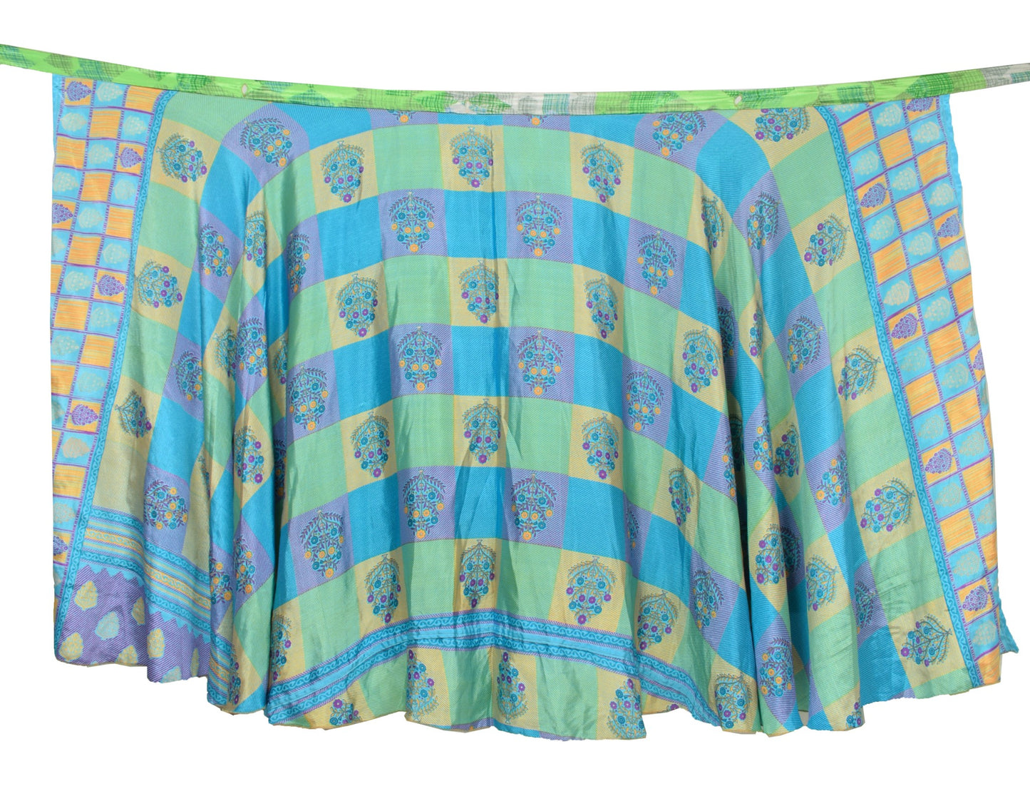 Sushila Vintage Art Silk Saree Magic Wrap Reversible Skirt Blue & Green Beach Dress