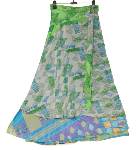 Sushila Vintage Art Silk Saree Magic Wrap Reversible Skirt Blue & Green Beach Dress