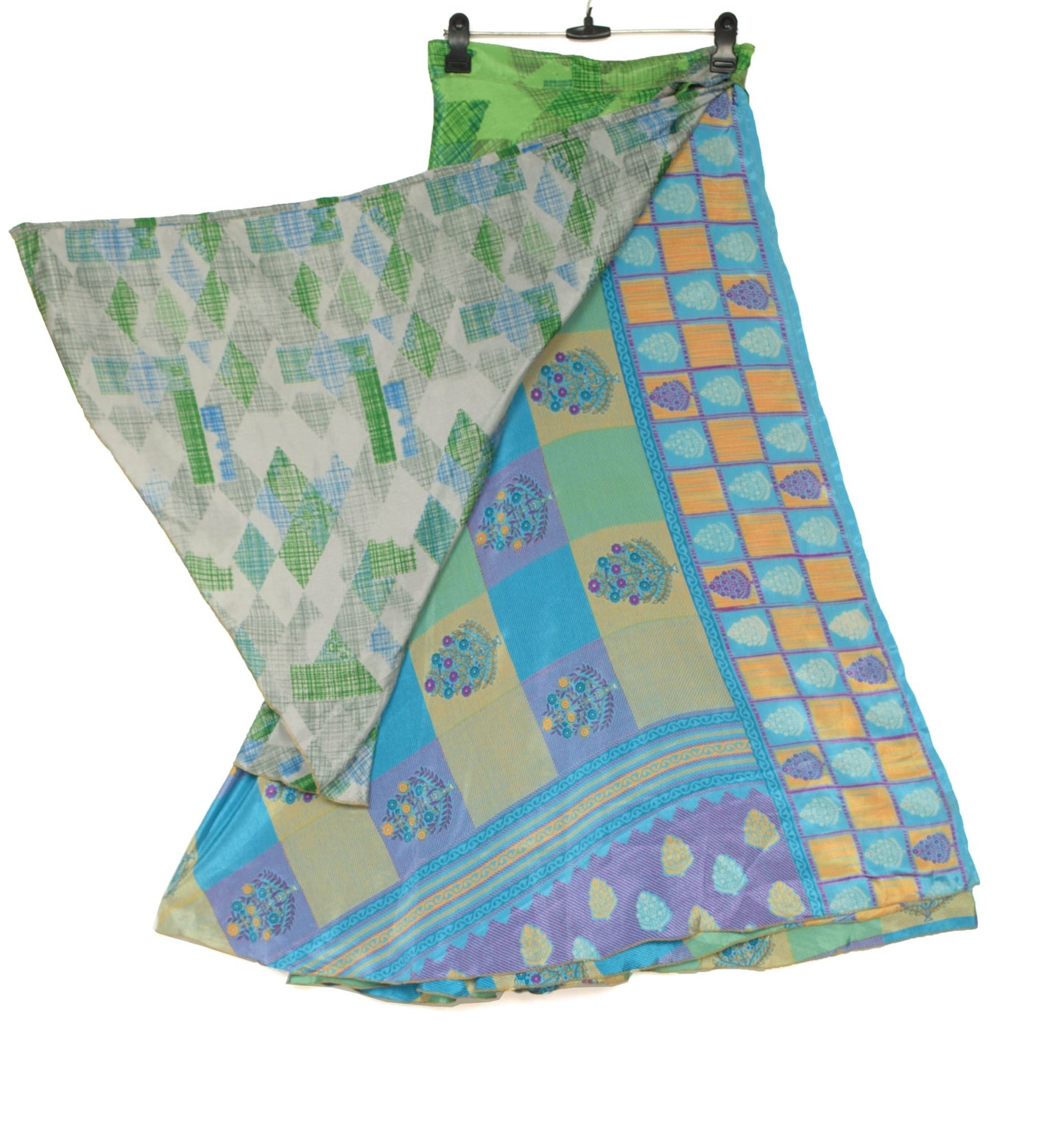 Sushila Vintage Art Silk Saree Magic Wrap Reversible Skirt Blue & Green Beach Dress