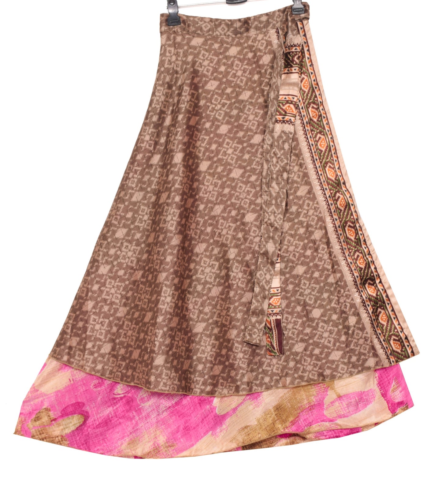 Sushila Vintage Brown Art Silk Saree Magic Wrap Reversible Skirt 2Layer Beach Dress
