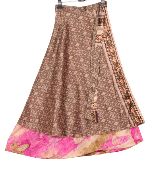 Sushila Vintage Brown Art Silk Saree Magic Wrap Reversible Skirt 2Layer Beach Dress