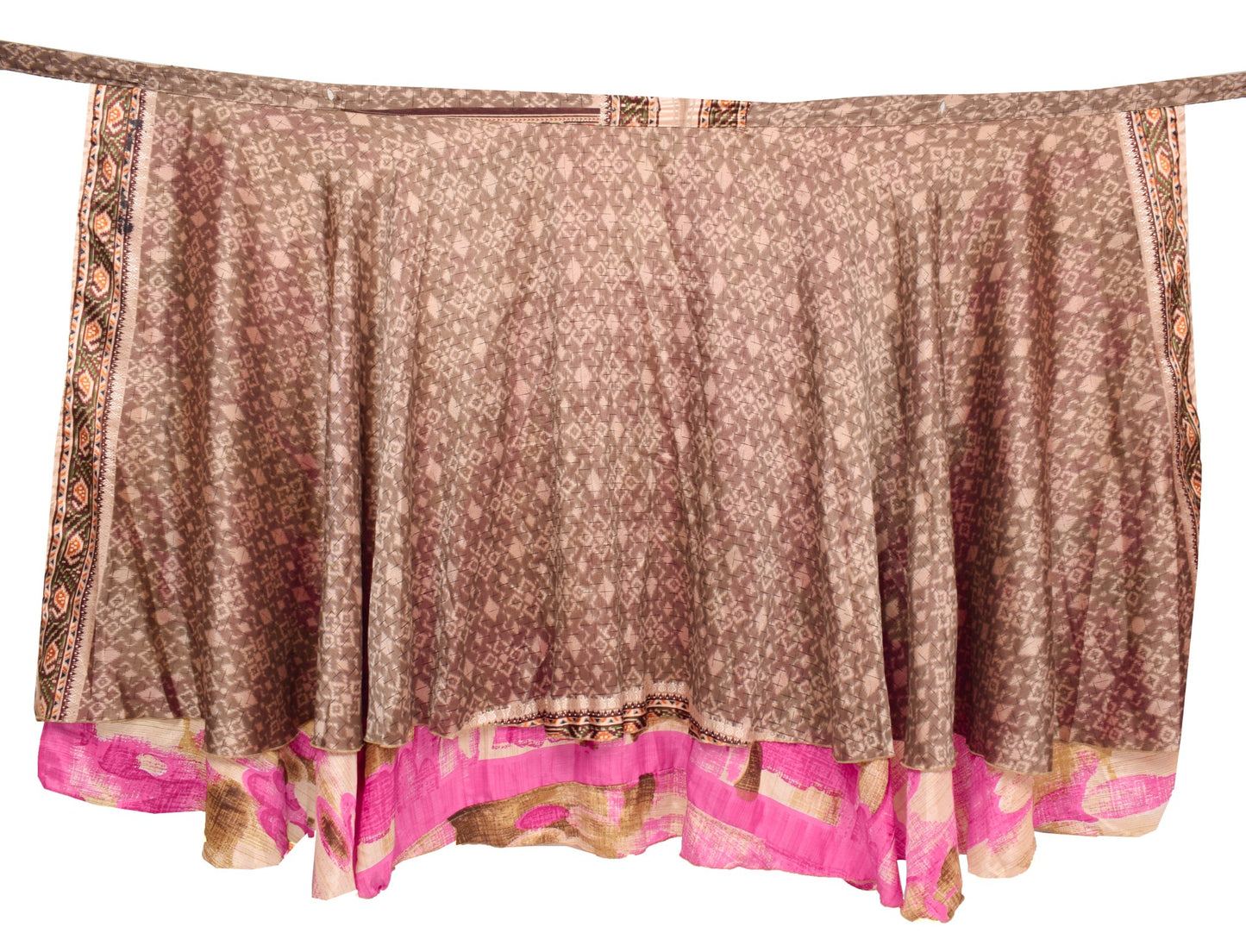 Sushila Vintage Brown Art Silk Saree Magic Wrap Reversible Skirt 2Layer Beach Dress