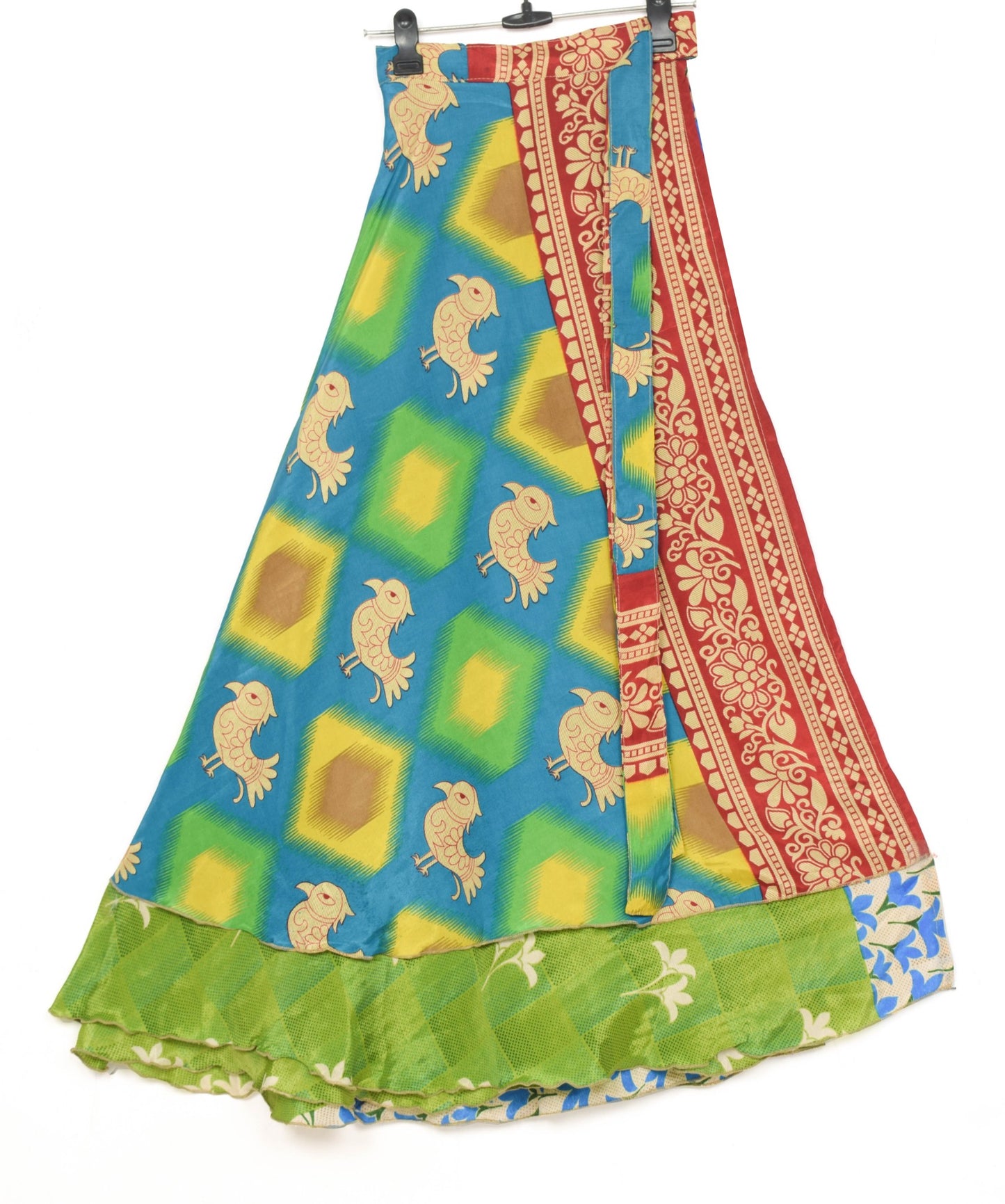 Sushila Vintage Green Art Silk Saree Magic Wrap Reversible Skirt Birds Beach Dress