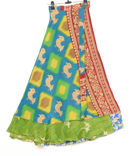 Sushila Vintage Green Art Silk Saree Magic Wrap Reversible Skirt Birds Beach Dress