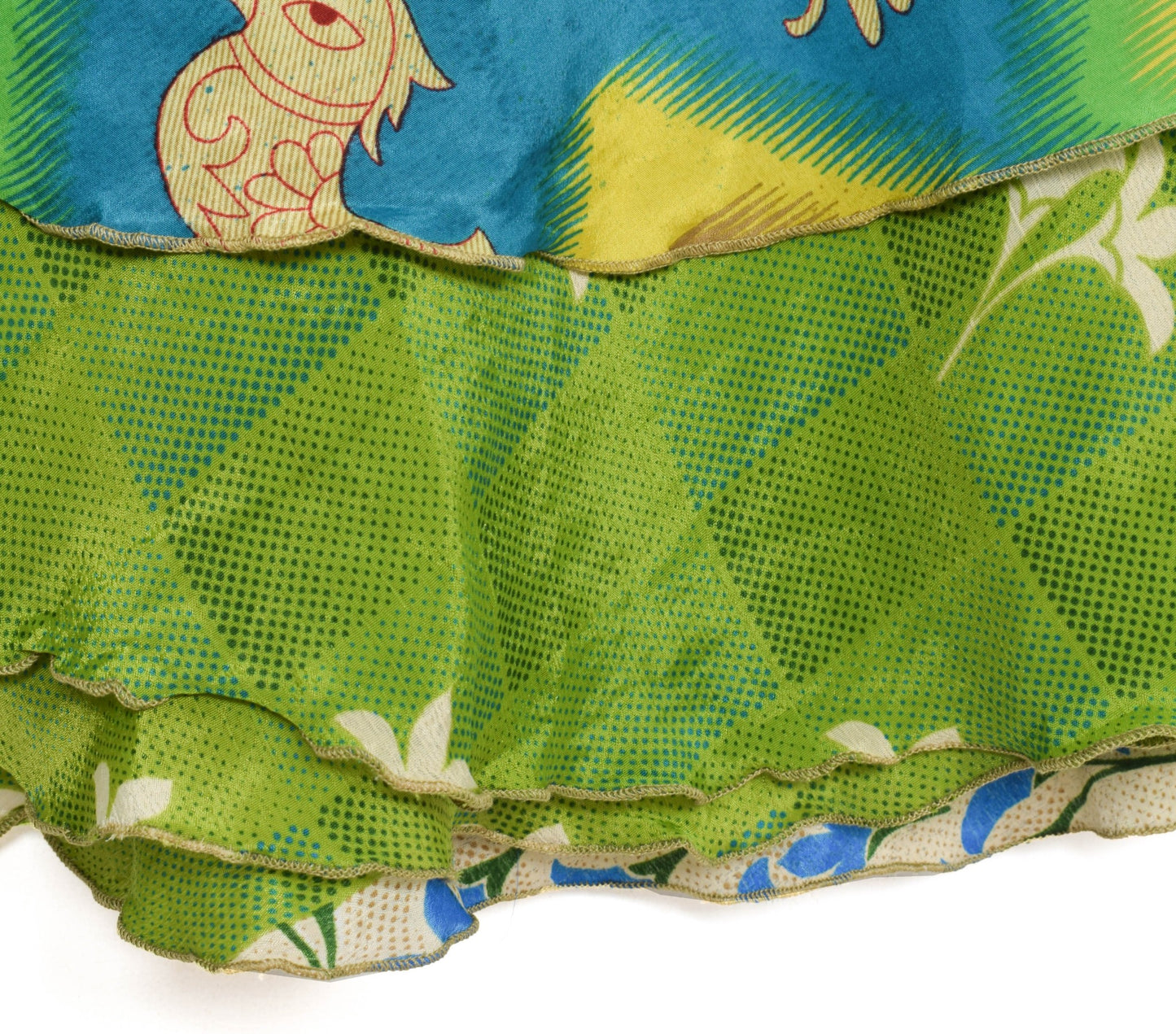 Sushila Vintage Green Art Silk Saree Magic Wrap Reversible Skirt Birds Beach Dress