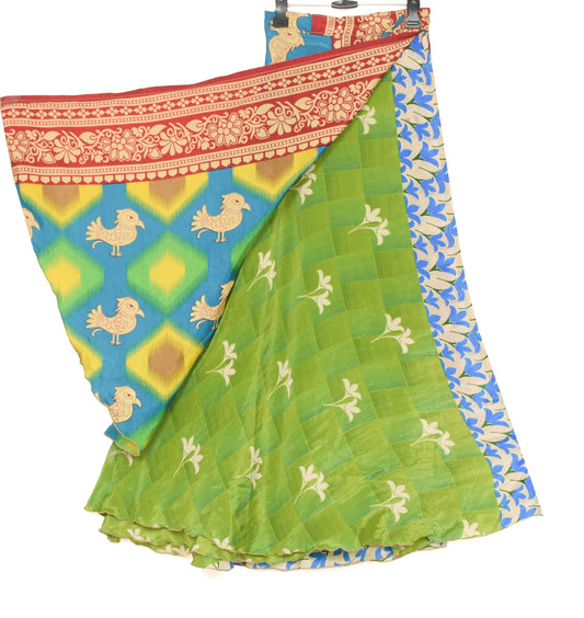 Sushila Vintage Green Art Silk Saree Magic Wrap Reversible Skirt Birds Beach Dress