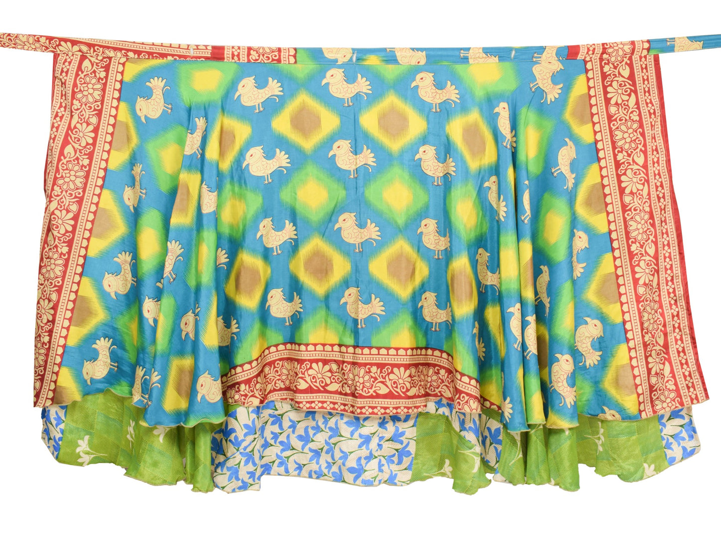 Sushila Vintage Green Art Silk Saree Magic Wrap Reversible Skirt Birds Beach Dress