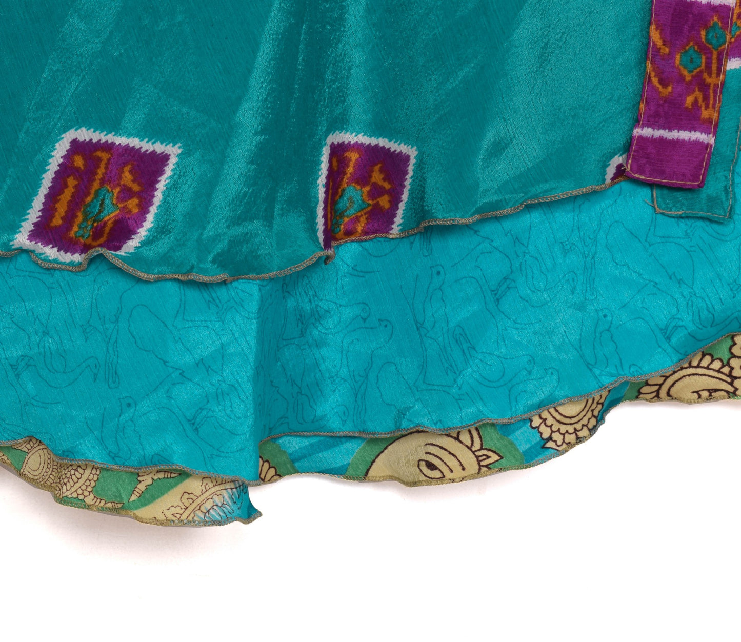 Sushila Vintage Art Silk Saree Magic Wrap Bird Printed Reversible Skirt Beach Dress