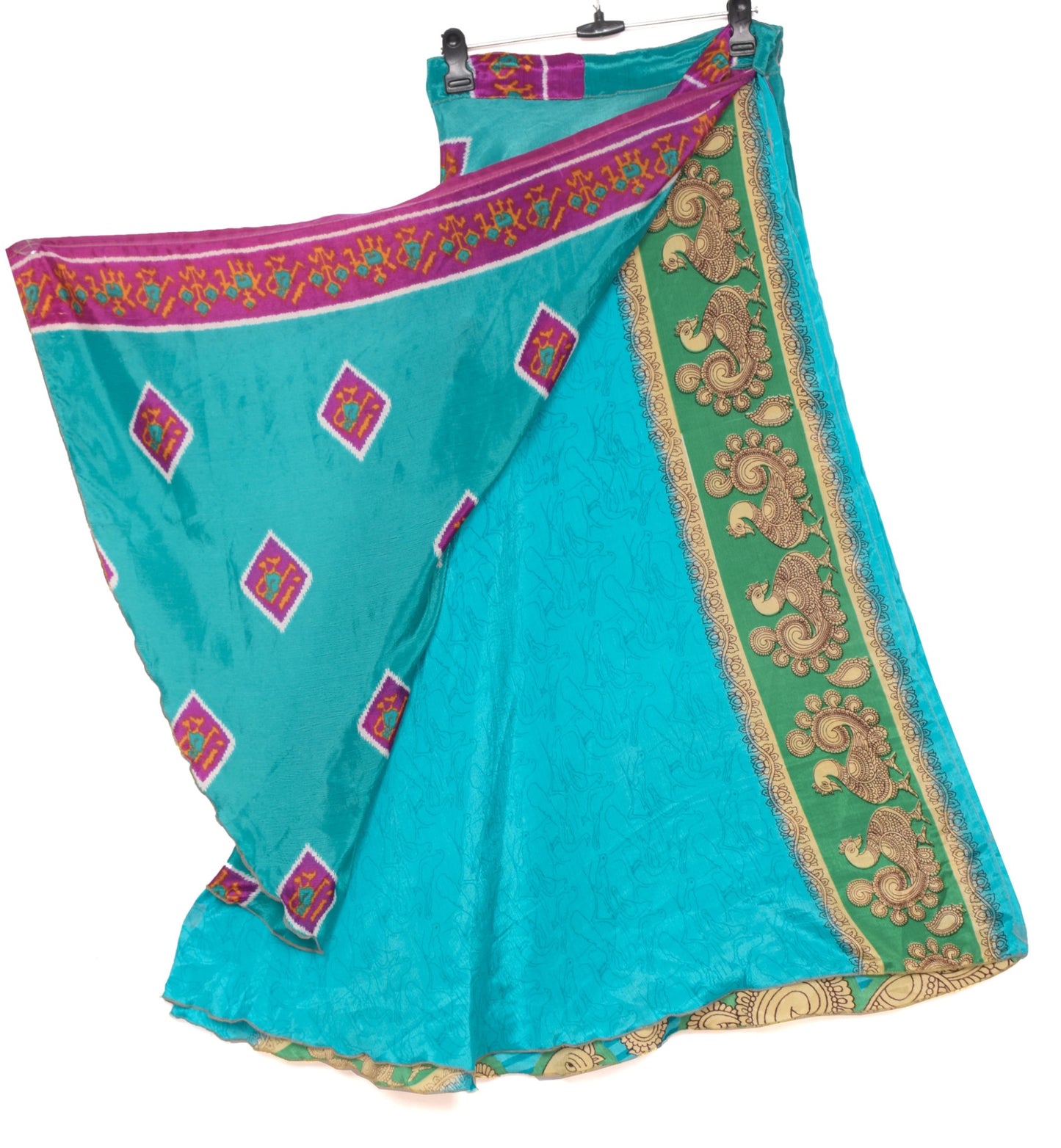Sushila Vintage Art Silk Saree Magic Wrap Bird Printed Reversible Skirt Beach Dress