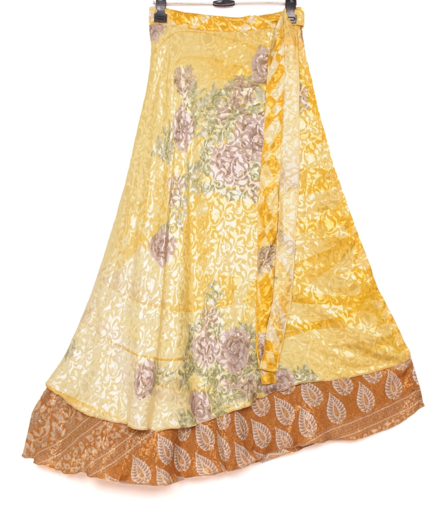 Sushila Vintage Art Silk Saree Magic Wrap Reversible Skirt Brown Yellow Beach Dress