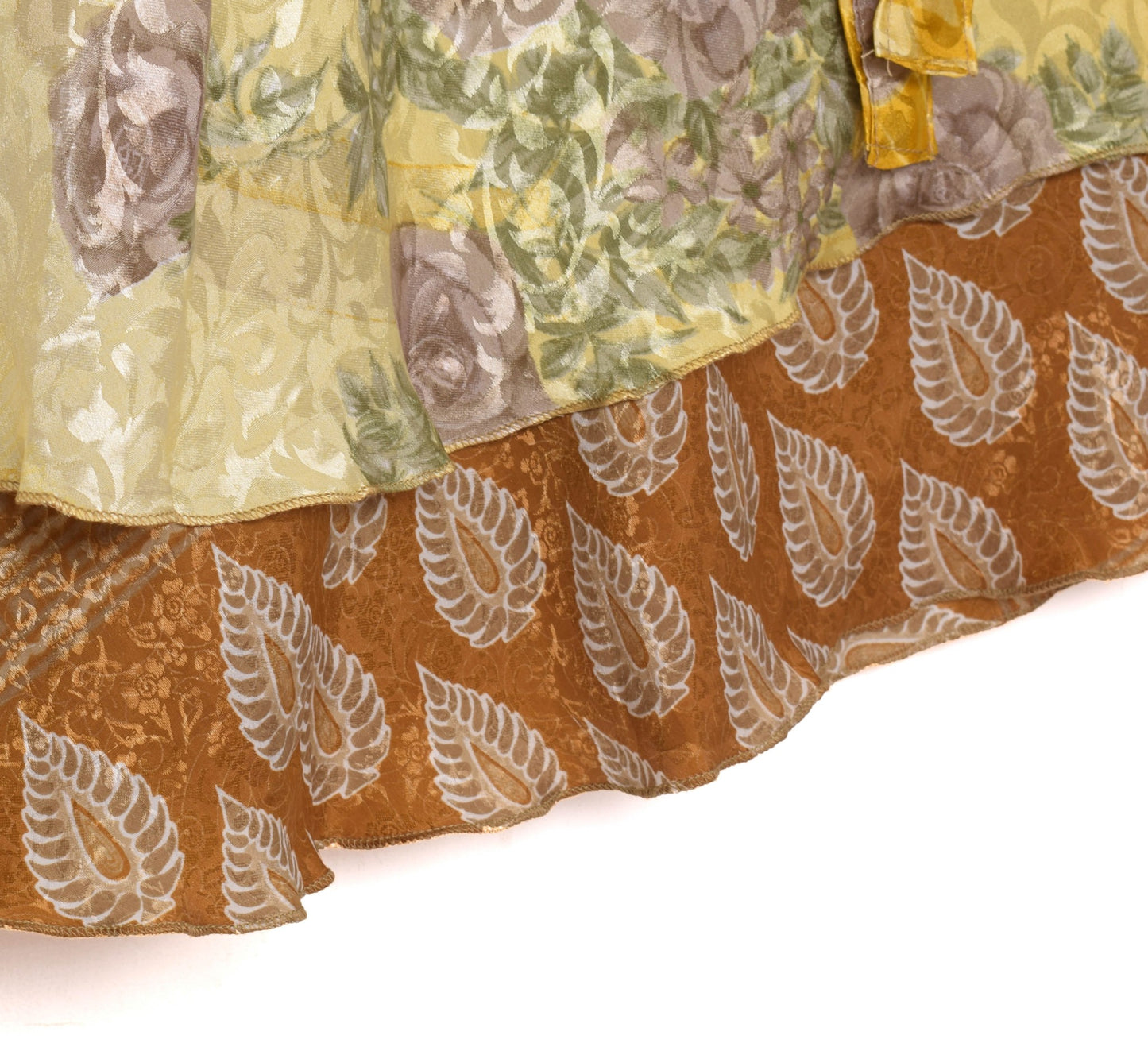 Sushila Vintage Art Silk Saree Magic Wrap Reversible Skirt Brown Yellow Beach Dress