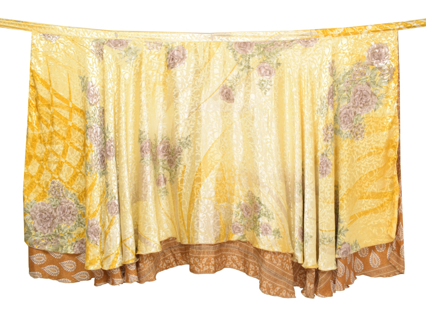 Sushila Vintage Art Silk Saree Magic Wrap Reversible Skirt Brown Yellow Beach Dress