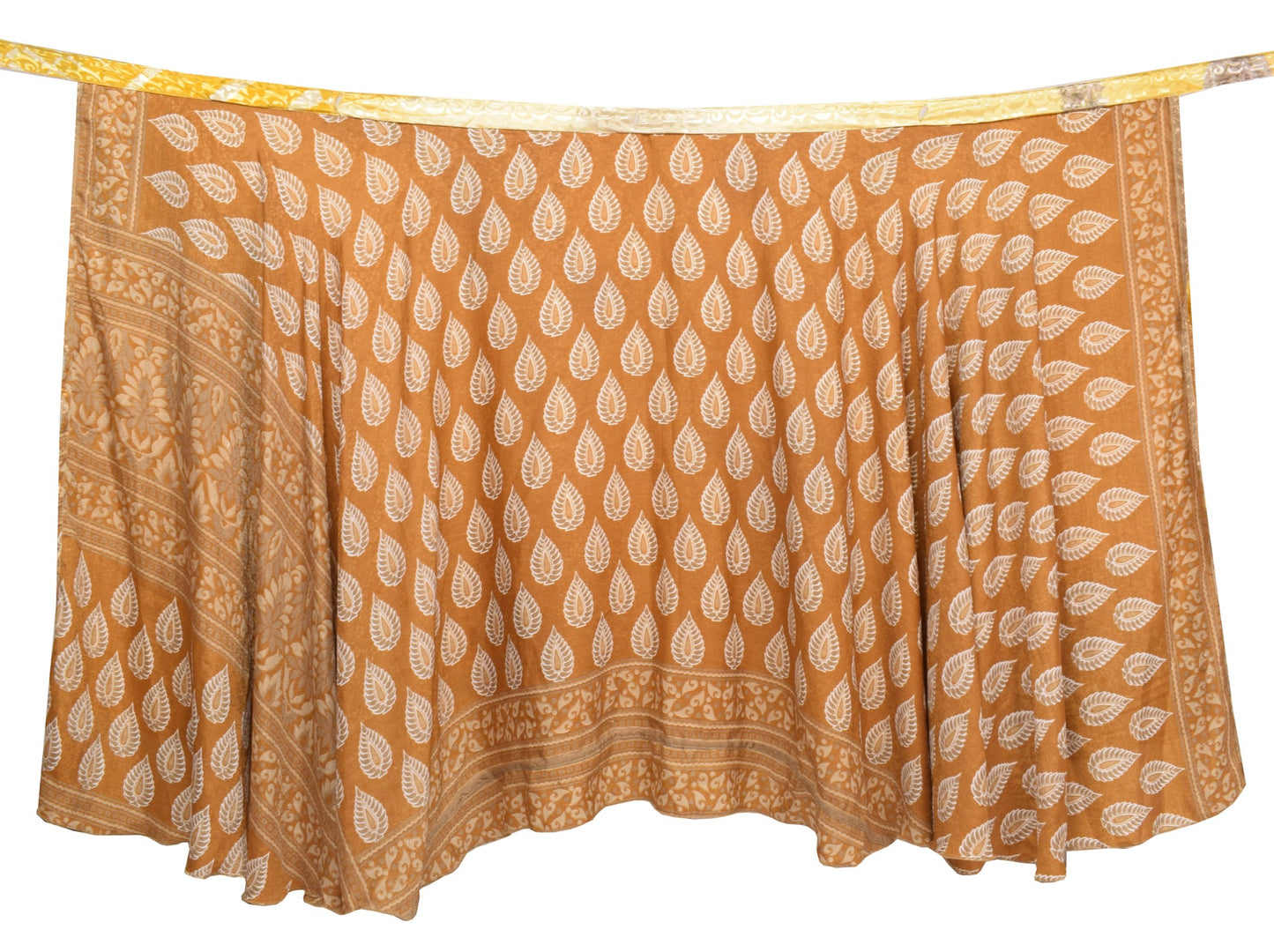 Sushila Vintage Art Silk Saree Magic Wrap Reversible Skirt Brown Yellow Beach Dress