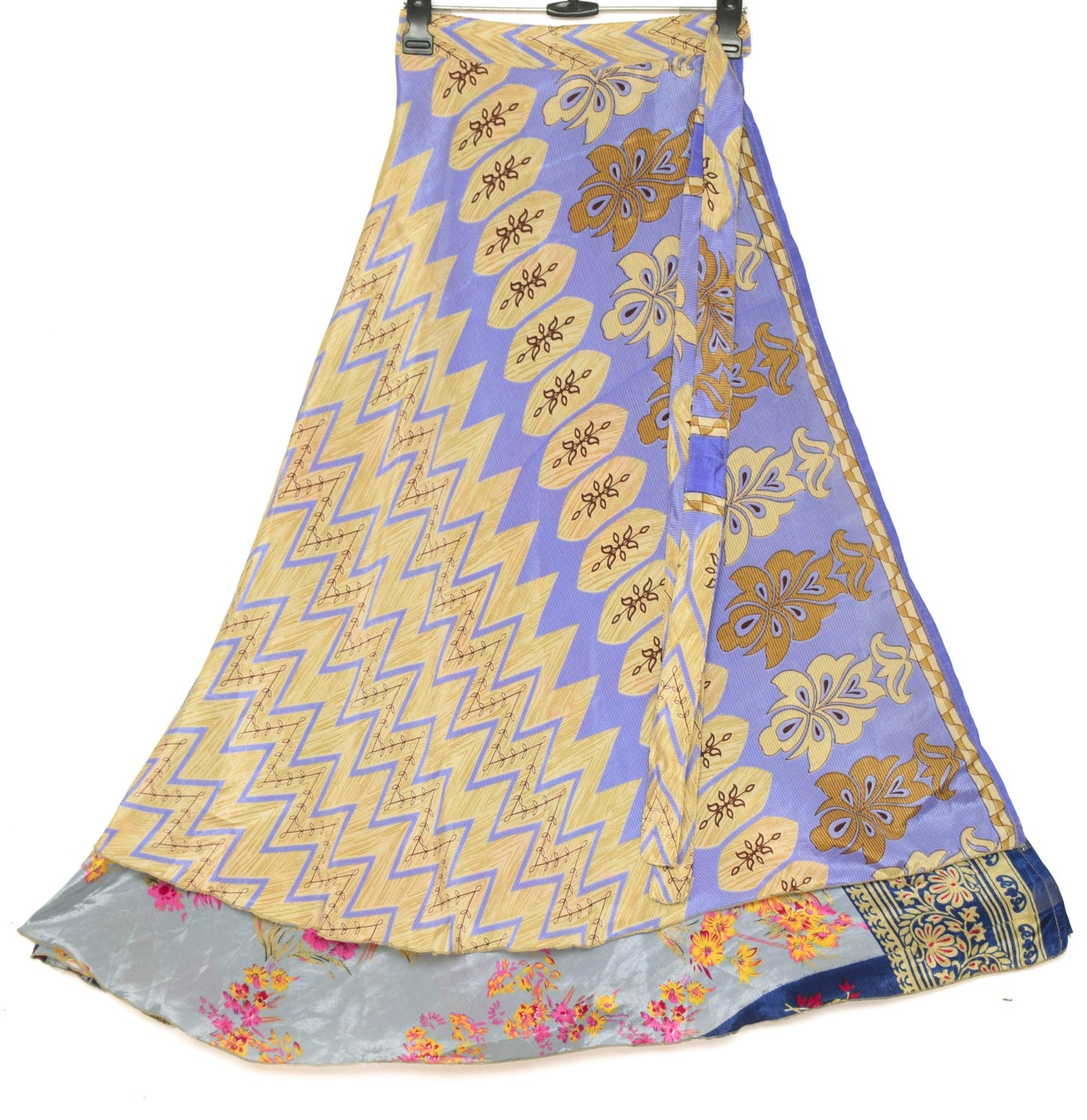 Sushila Vintage Gray Saree Magic Wrap Floral Reversible Skirt Art Silk Beach Dress