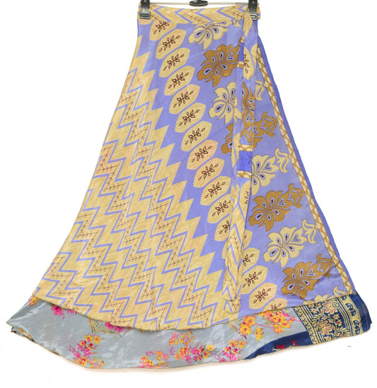 Sushila Vintage Gray Saree Magic Wrap Floral Reversible Skirt Art Silk Beach Dress