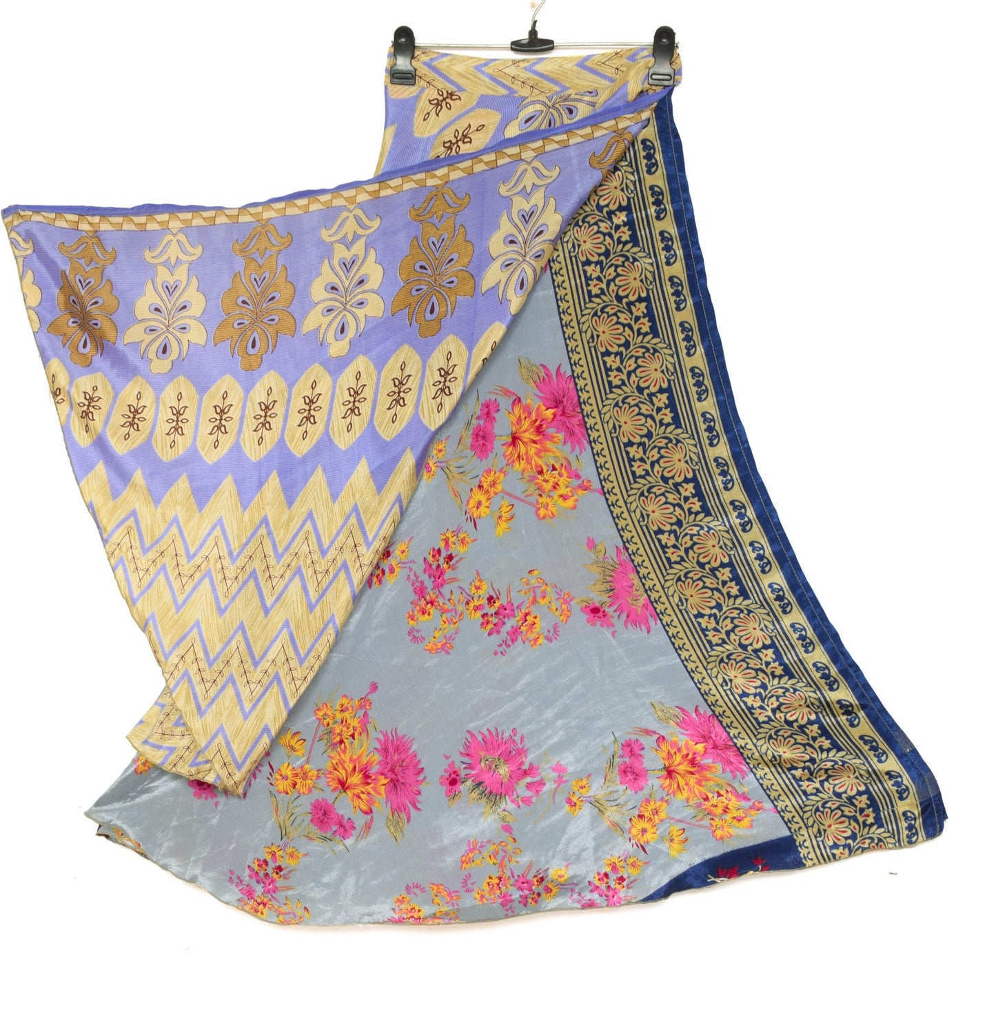 Sushila Vintage Gray Saree Magic Wrap Floral Reversible Skirt Art Silk Beach Dress