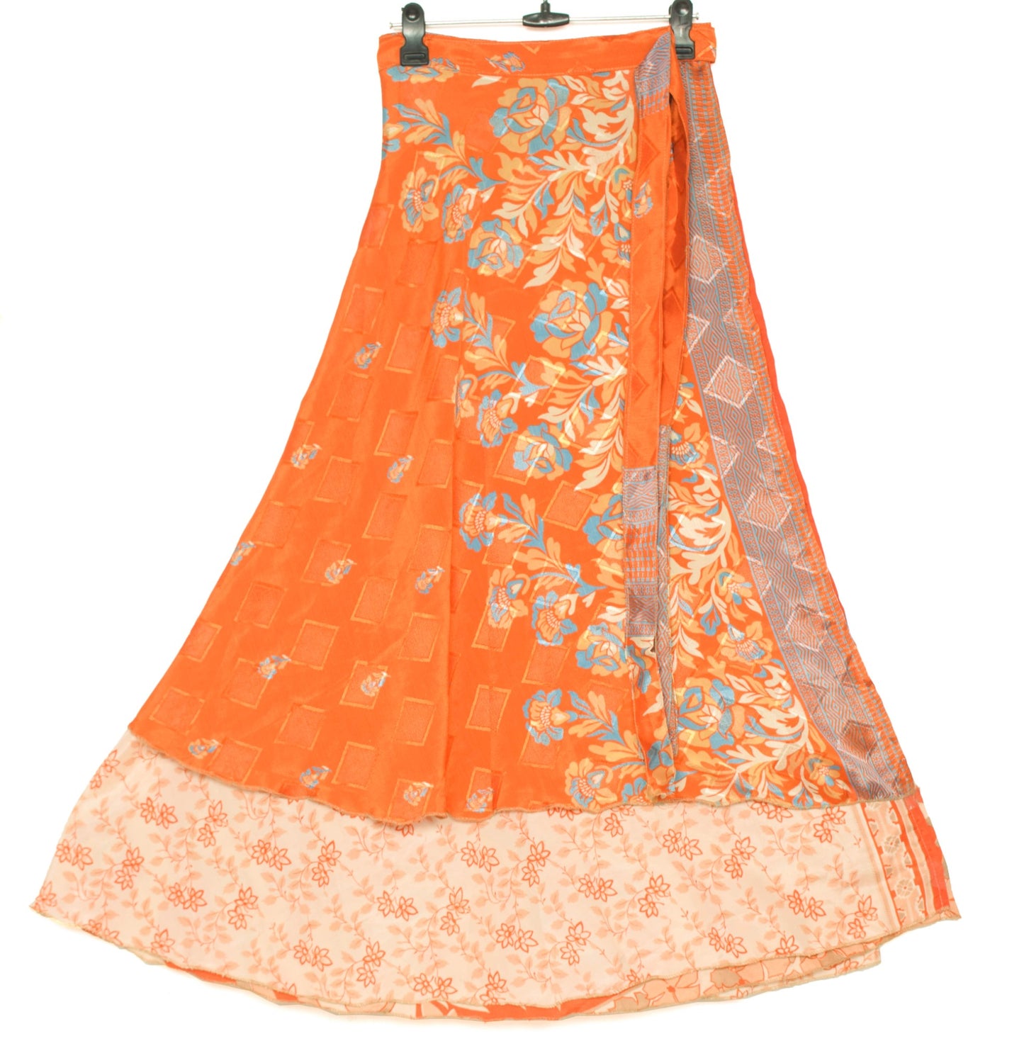 Sushila Vintage Art Silk Saree Orange Magic Wrap Reversible Skirt Beach Dress Hippie