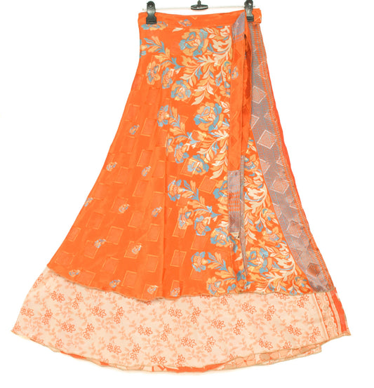 Sushila Vintage Art Silk Saree Orange Magic Wrap Reversible Skirt Beach Dress Hippie