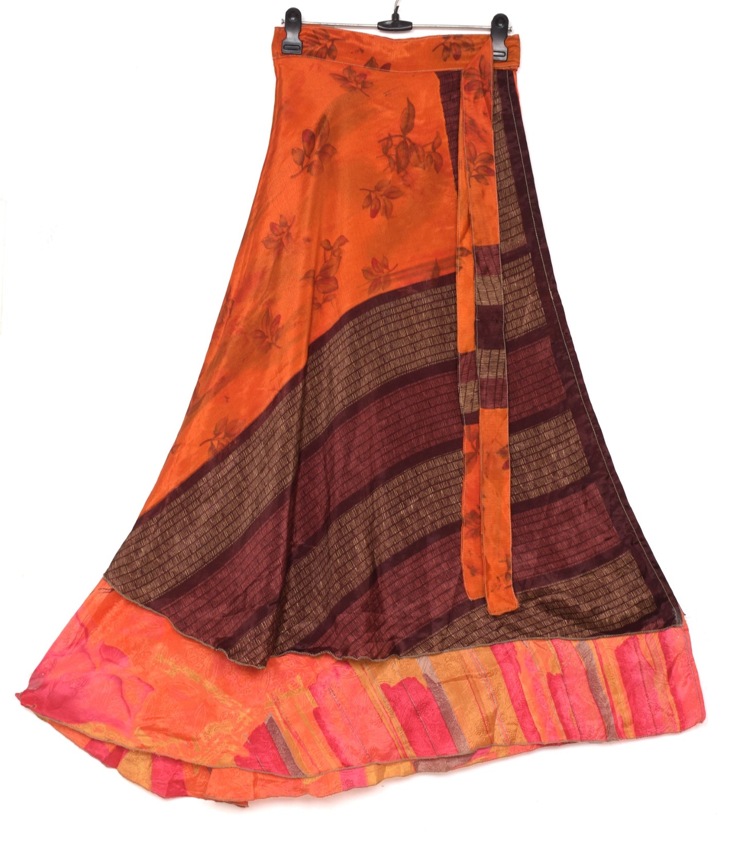 Sushila Vintage Art Silk Saree Magic Wrap Reversible Skirt Beach Dress Orange Boho