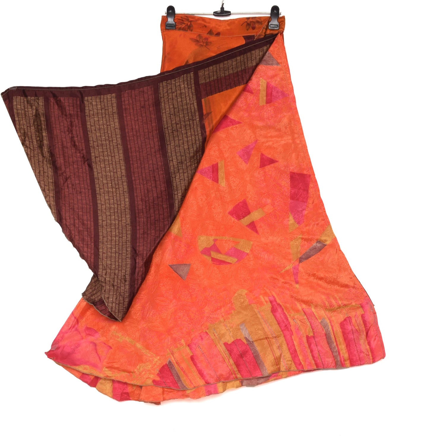 Sushila Vintage Art Silk Saree Magic Wrap Reversible Skirt Beach Dress Orange Boho