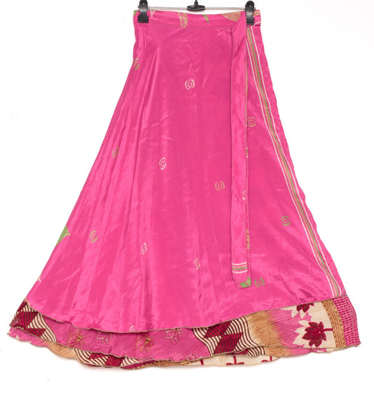 Sushila Vintage Flora Saree Magic Wrap Art Silk Reversible Skirt Pink Beach Dress