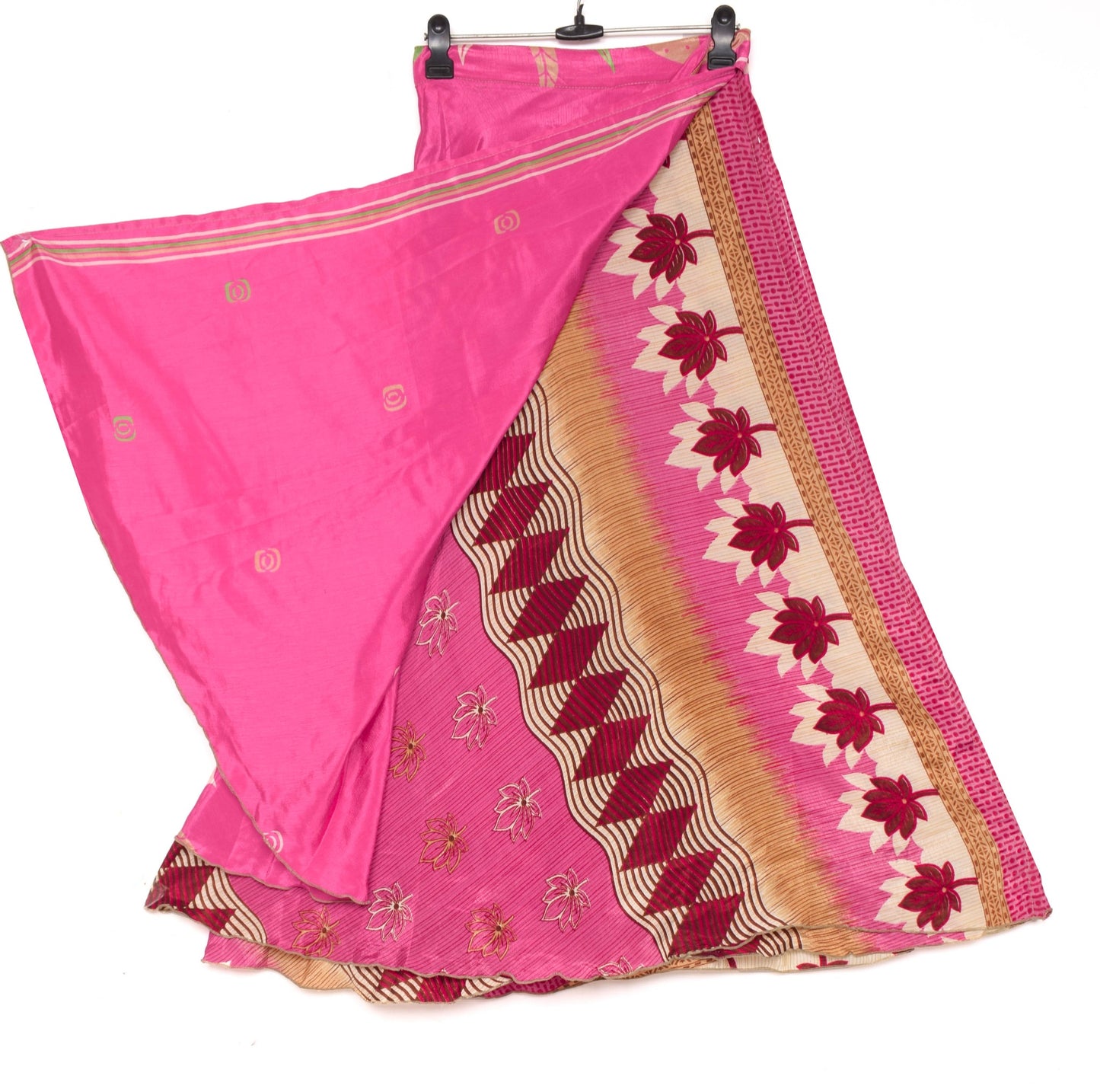 Sushila Vintage Flora Saree Magic Wrap Art Silk Reversible Skirt Pink Beach Dress