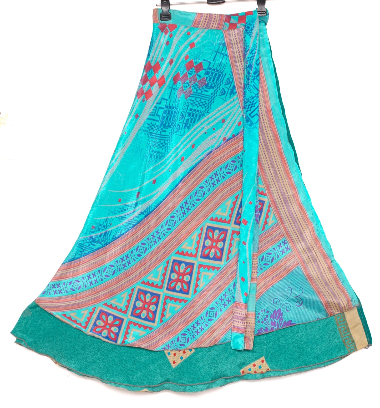 Sushila Vintage Aqua Green Art Silk Saree Magic Wrap Reversible Skirt Beach Dress