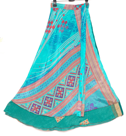 Sushila Vintage Aqua Green Art Silk Saree Magic Wrap Reversible Skirt Beach Dress